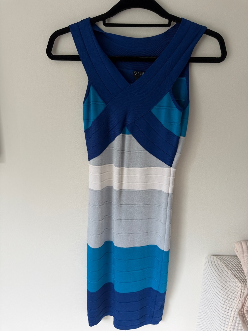 VENUS Blue and White Striped Midi Bandage Dress